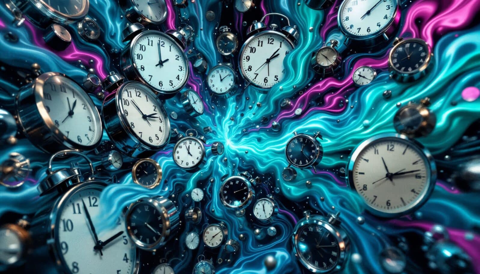 Time travel concept. Abstract spiral of flying clocks in a colorful vortex.