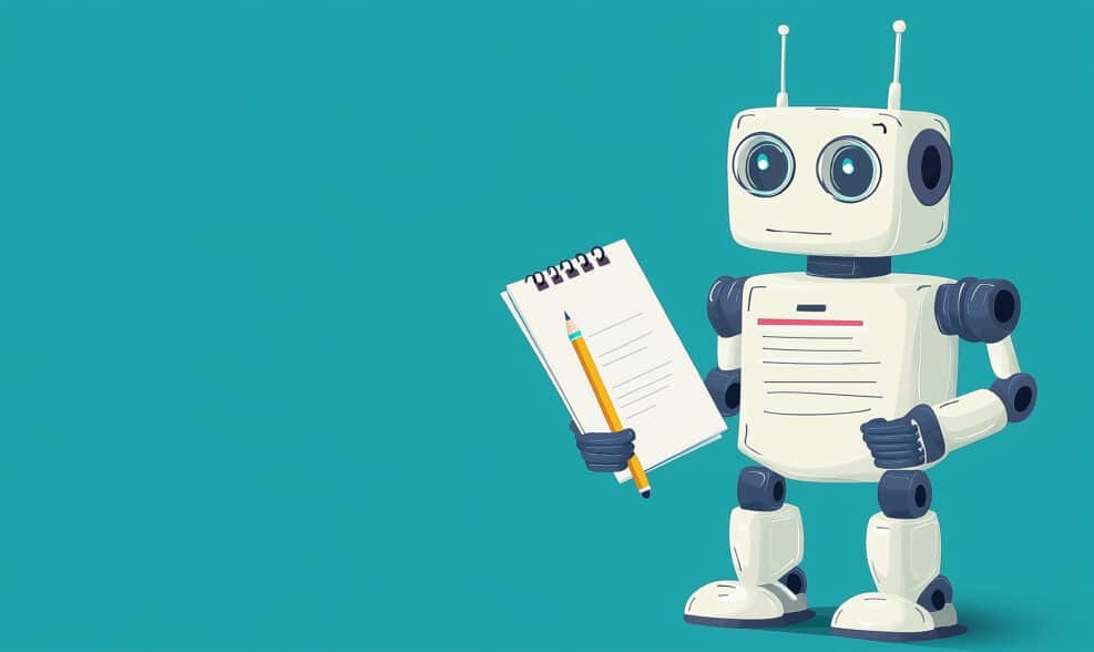 A cute robot holding a notepad with a pencil, set against a teal background, symbolizing creativity and technology.