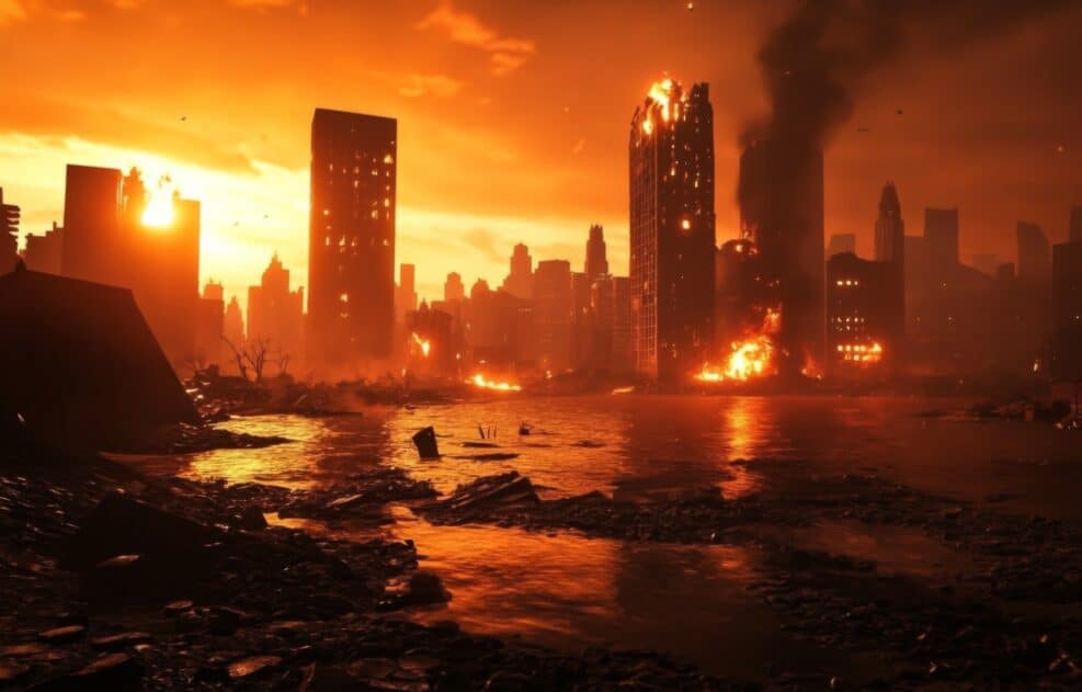 A haunting view of a post-fire urban landscape.