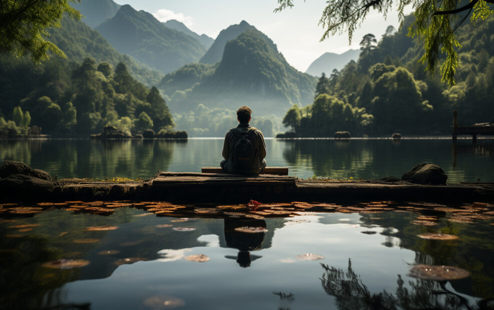 A man practicing mindfulness and meditation or yoga in a peaceful natural environment realistic image, ultra hd, high design very detailed
