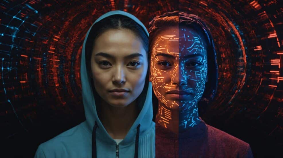 A teenage girl’s face digitally altered using deepfake technology, illustrating the risks of AI-generated identities and the spread of synthetic media