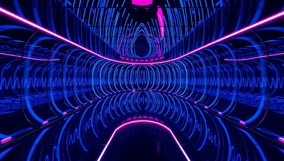An abstract maze of mirrored walls reflecting countless identical soundwaves, illustrating the concept of an echo chamber where ideas endlessly reinforce themselves.