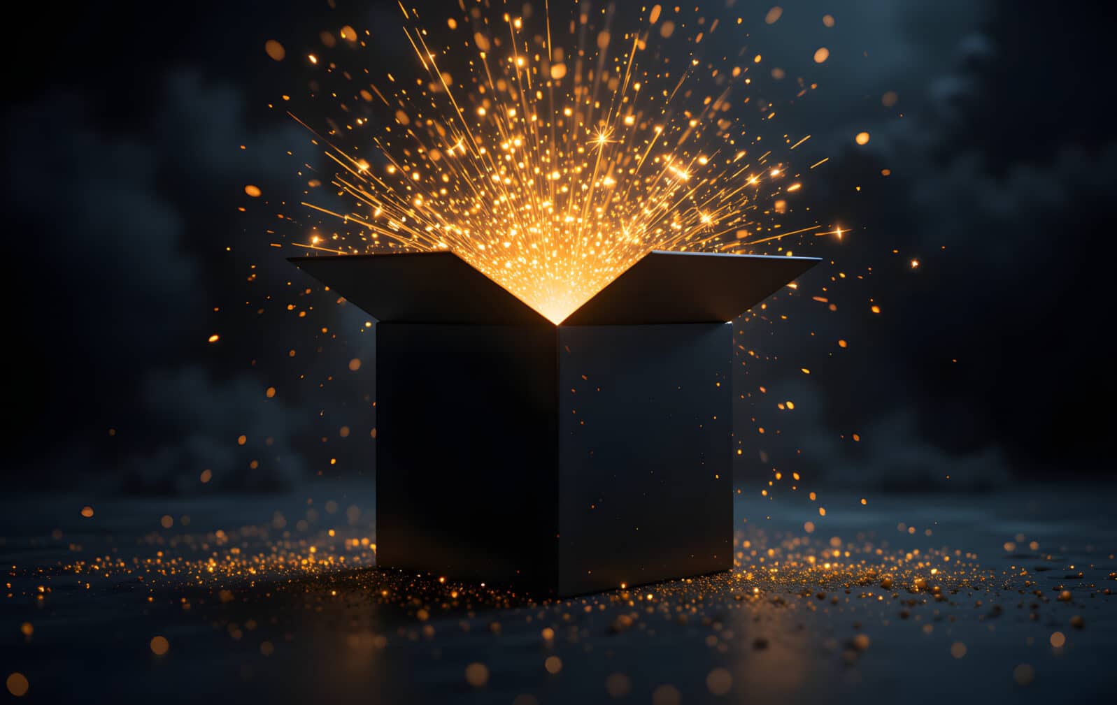 An open black box emitting a burst of glowing golden sparks and light, symbolizing mystery, magic, and surprise, perfect for a Black Friday shopping concept