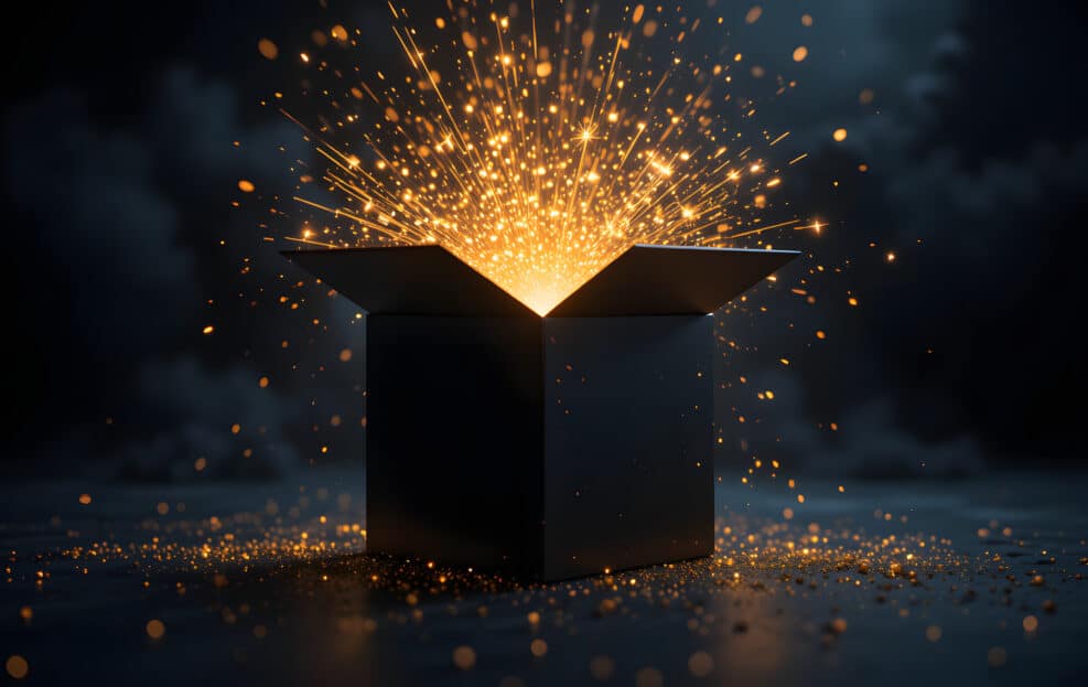 An open black box emitting a burst of glowing golden sparks and light, symbolizing mystery, magic, and surprise, perfect for a Black Friday shopping concept