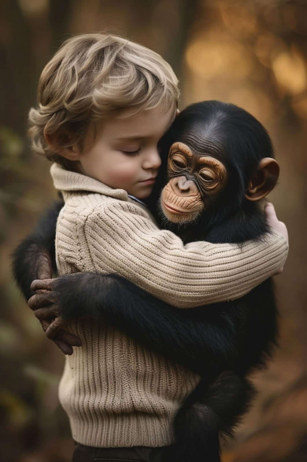 Boy in a cream sweater lovingly embraces a chimpanzee on a bokeh background, pure affection visible. It's ideal for illustrating compassion, trust, and interspecies friendships.