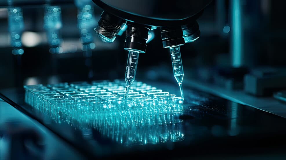 Close-up of CRISPR technology in action, DNA strands glowing under advanced lab lighting