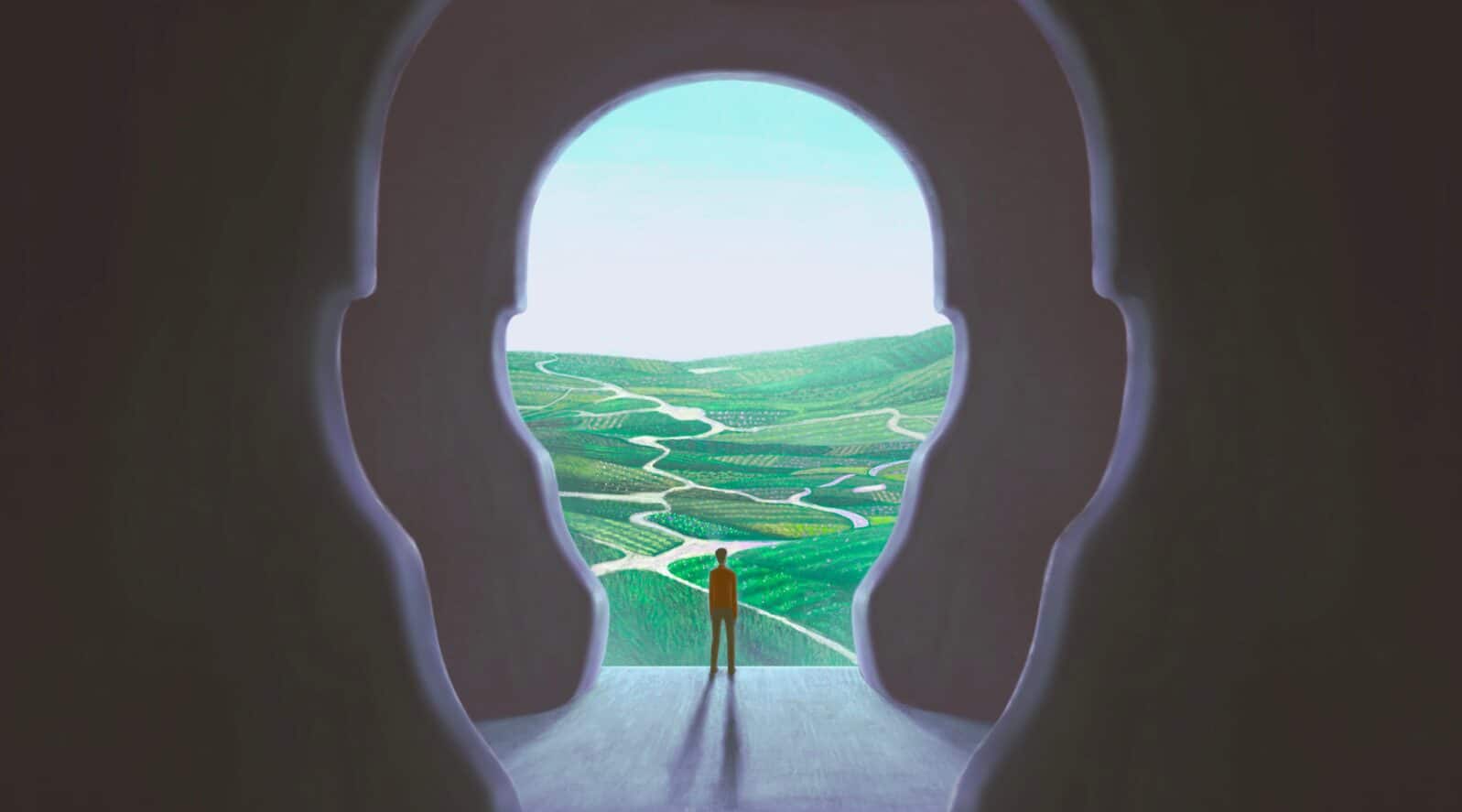 Concept art of nature freedom dream success brain and hope , ambition idea artwork, surreal painting man with happiness of landscape nature in a door , conceptual illustration