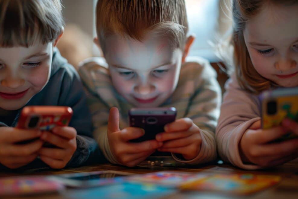 Different nationalities of children playing online games on their phones and sharing fun moments
