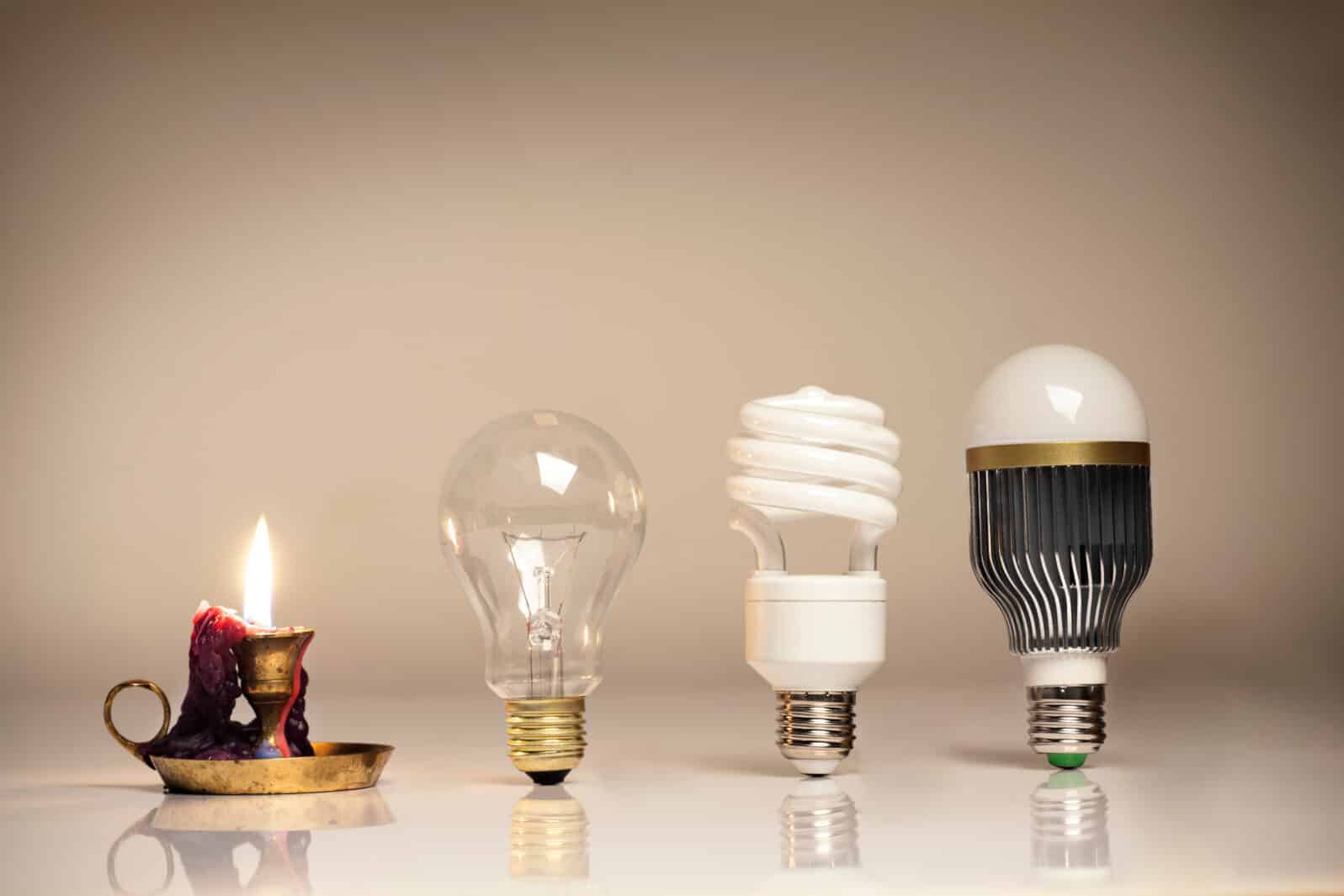 Progress of lighting with candle, tungsten, fluorescent and LED