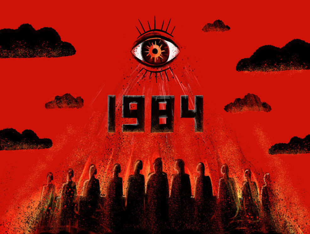 The eye of big brother over a burning crowd of people. A metaphor of dictatorship, totalitarian regime and propaganda. Raster illustration.