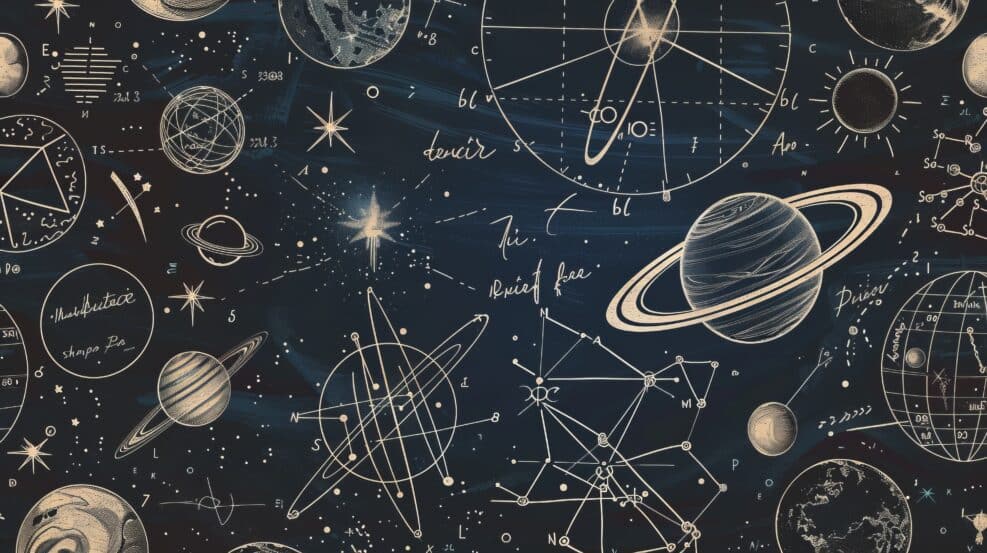 The image contains various celestial objects and mathematical calculations subtly illustrated on a dark starry background, ideal for space and science enthusiasts.