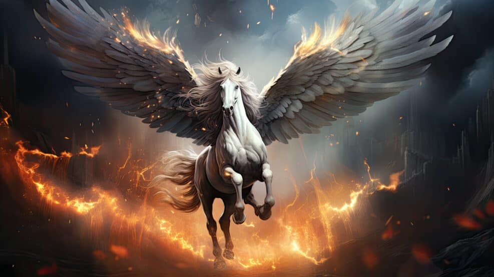The mythic horse pegasus with white wings flying in the sky among lightnings