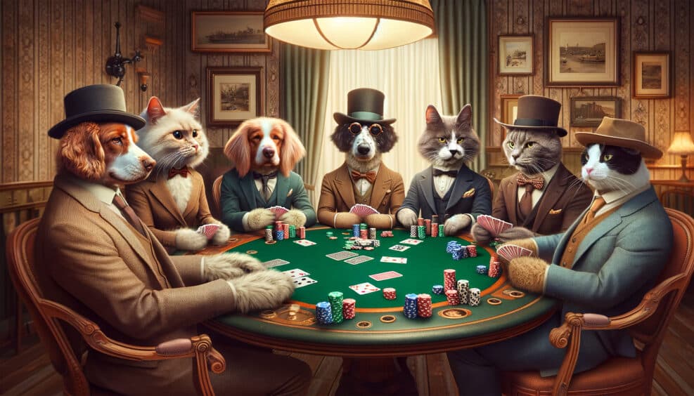 This image portrays anthropomorphized dogs and cats dressed in vintage clothing, engaged in a serious game of poker in an old-fashioned room.Gambling concept. AI generated.