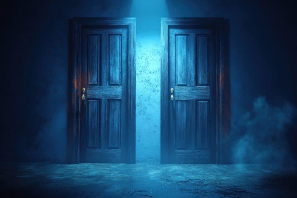 Two mysterious doors, dark room, choice, uncertainty, conceptual image for websites
