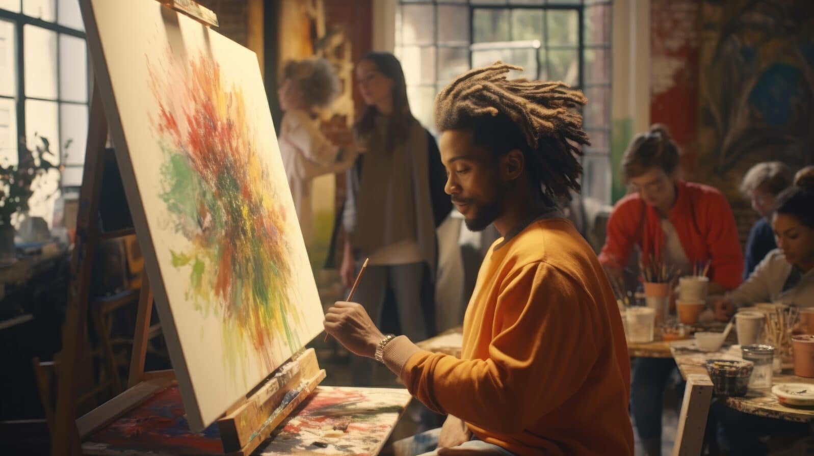 A black African American man with dreadlocks is a left-handed artist painting an abstract oil painting on canvas in an art studio. A refugee is exploring the world of art. inspiration, painting