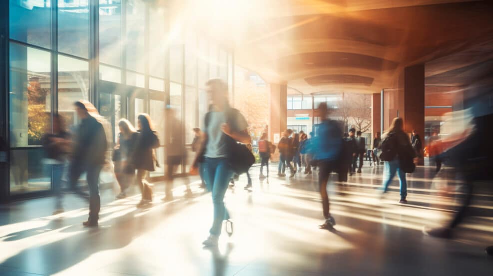 A bustling university or college environment where students are seen walking to their classes. Generative AI