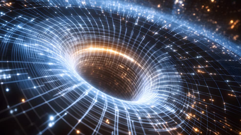 A futuristic cosmic swirl of space-time with glowing waves radiating outward, creating an abstract representation of time travel and reality manipulation, with no humans included