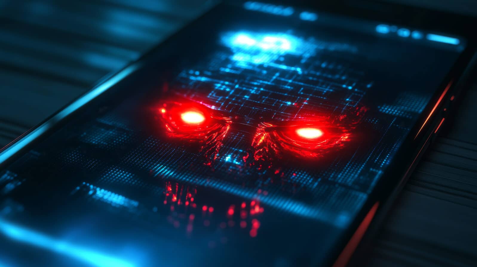 A phone screen shows a scary AI with glowing red eyes. The AI looks like a cyborg, and its eyes are full of malicious intent. This image the danger of bad AI, like a virus taking over your phone.