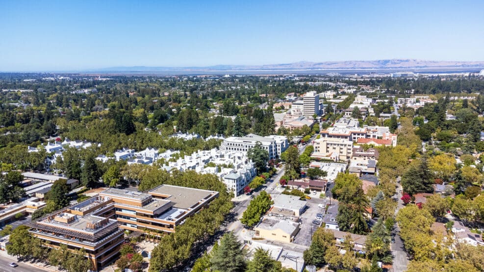 Aerial panoramic view of downtown Mountain View, California, along Castro Street, looking toward San Francisco Bay