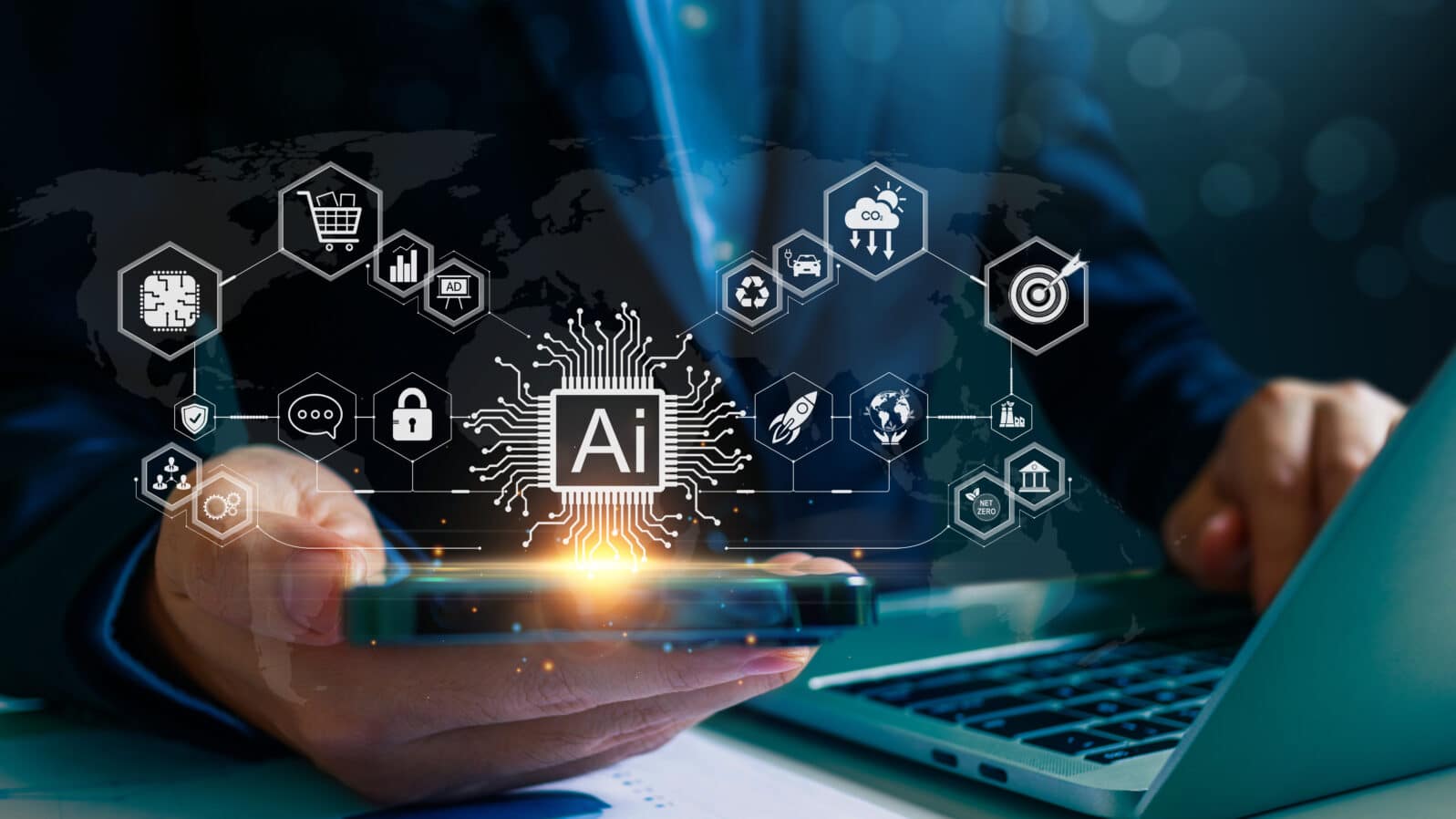 Artificial intelligence and chatbot concept. Person use of the laptop cat with intelligent AI for learning education, cloud computing, environment, data protection, research, robot, business.