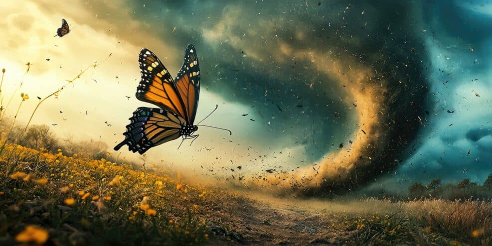 Butterfly effect illustration with a butterfly and tornado.
