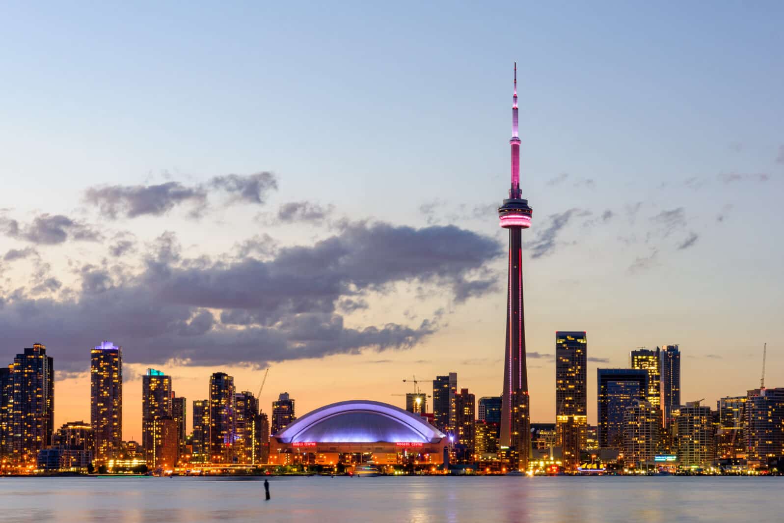 Cityscape of Toronto, Canada, at dusk, looking towards CN Tower and downtown