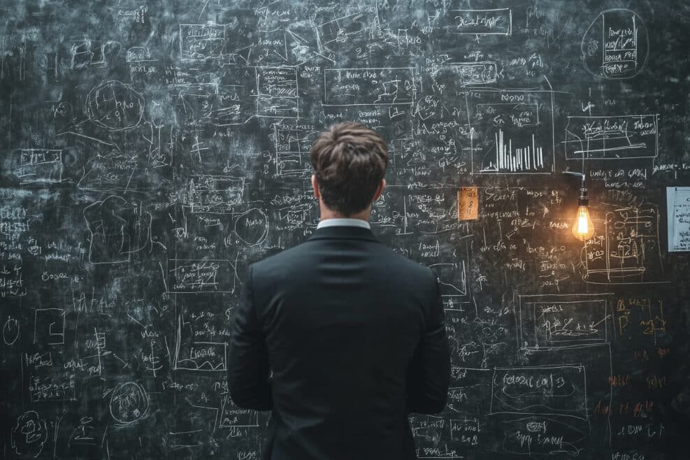 Complexity concept, complex problem solution, confused business man looking for solution, understanding and clarity about complex problem, brainstorm