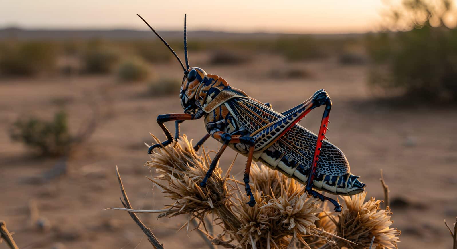 Desert Locust on Sand Dune with Green Vegetation in Arid Environment
