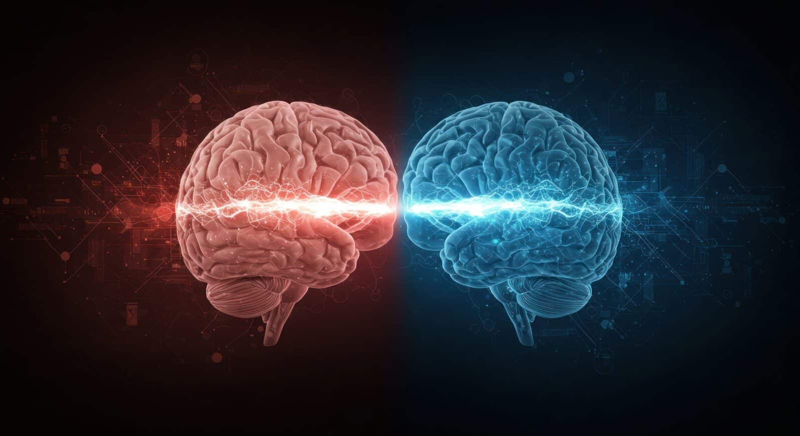 Digital illustration of a brain split into blue and red hemispheres with a glowing connection.