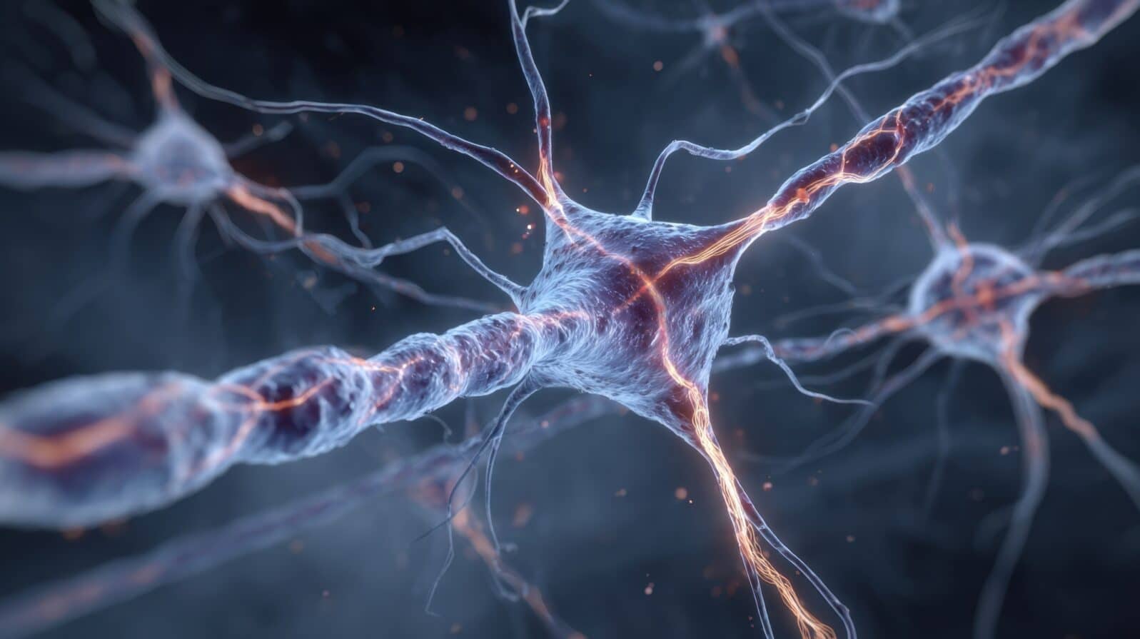Dynamic illustration of electrical currents coursing between neurons reflecting the essential biological processes that drive human thinking emotions and memory formation.