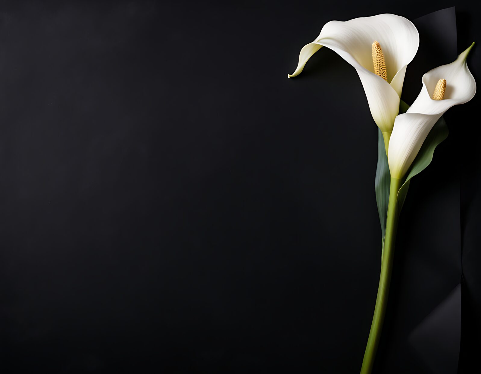 elegant white calla lily flowers on right side black empty paper on dark background. Funeral condolence, card sympathy floral concept