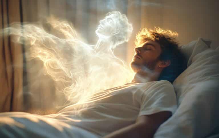 Final release: The soul's ascent from the earthly vessel, encountering celestial beings in a transcendent encounter with angels, capturing the essence of death and the spiritual realm.