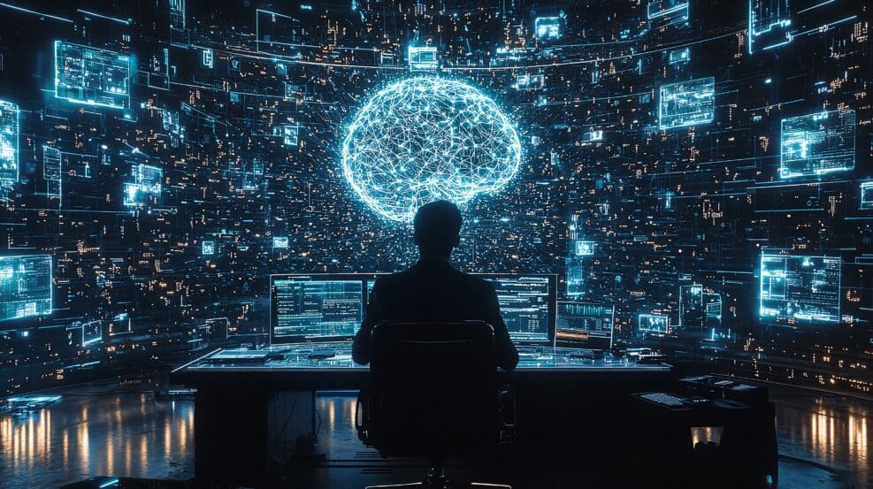 Human Interacting with AI (Artificial Intelligence) Brain