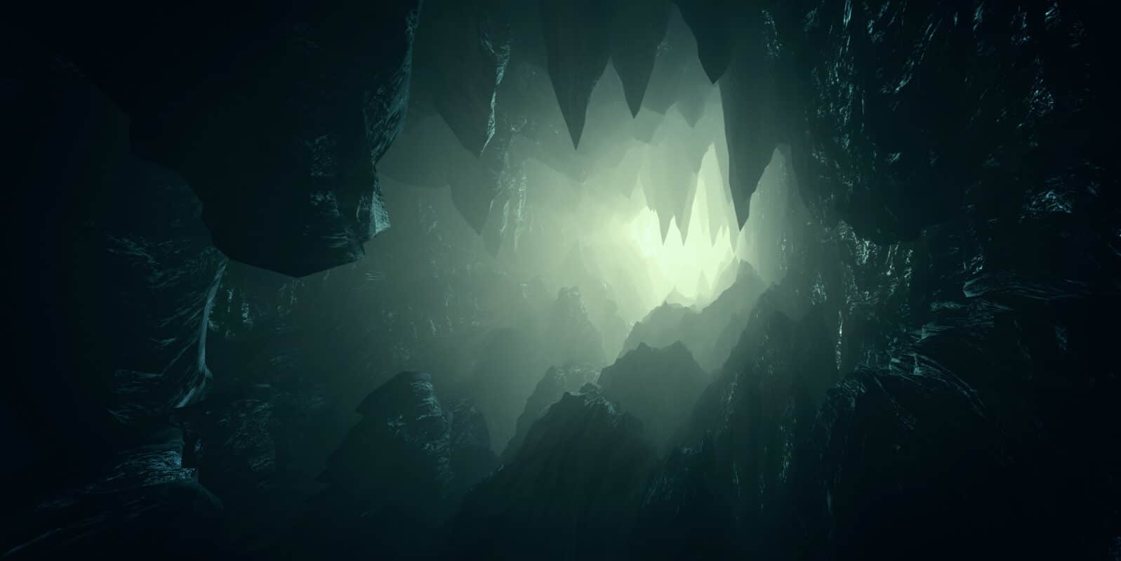 light in dark cave with stalactites 3d illustration