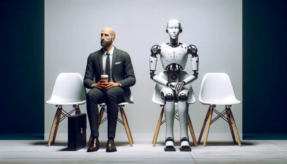 Man and AI robot waiting for a job interview: AI vs human competition