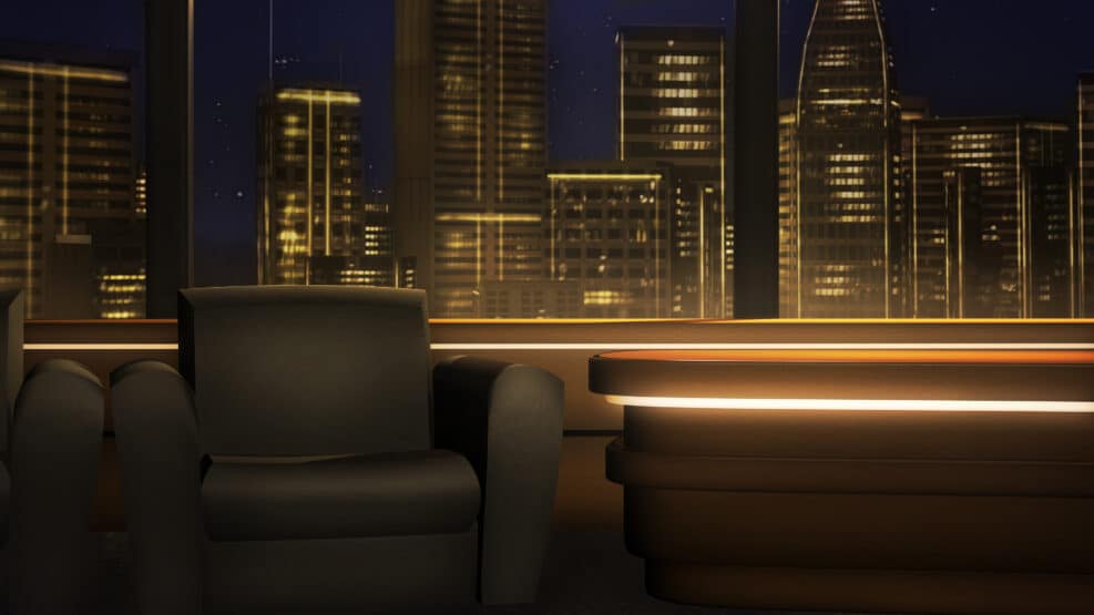 Night talk show, virtual studio background. Ideal also for online broadcasting, or live, streaming events. 3D rendering backdrop suitable on VR tracking system stage sets, with green screen