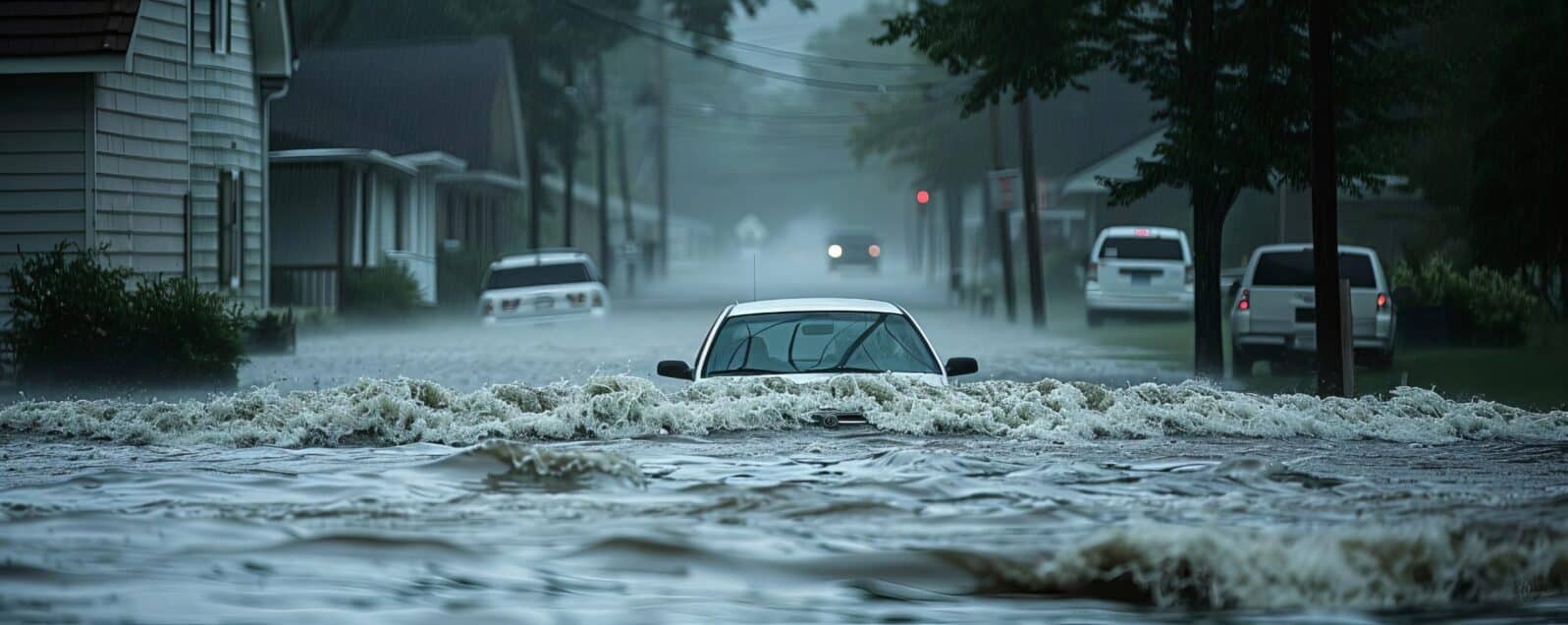 storm causing flash floods A storm causing sudden flash floods in a residential area