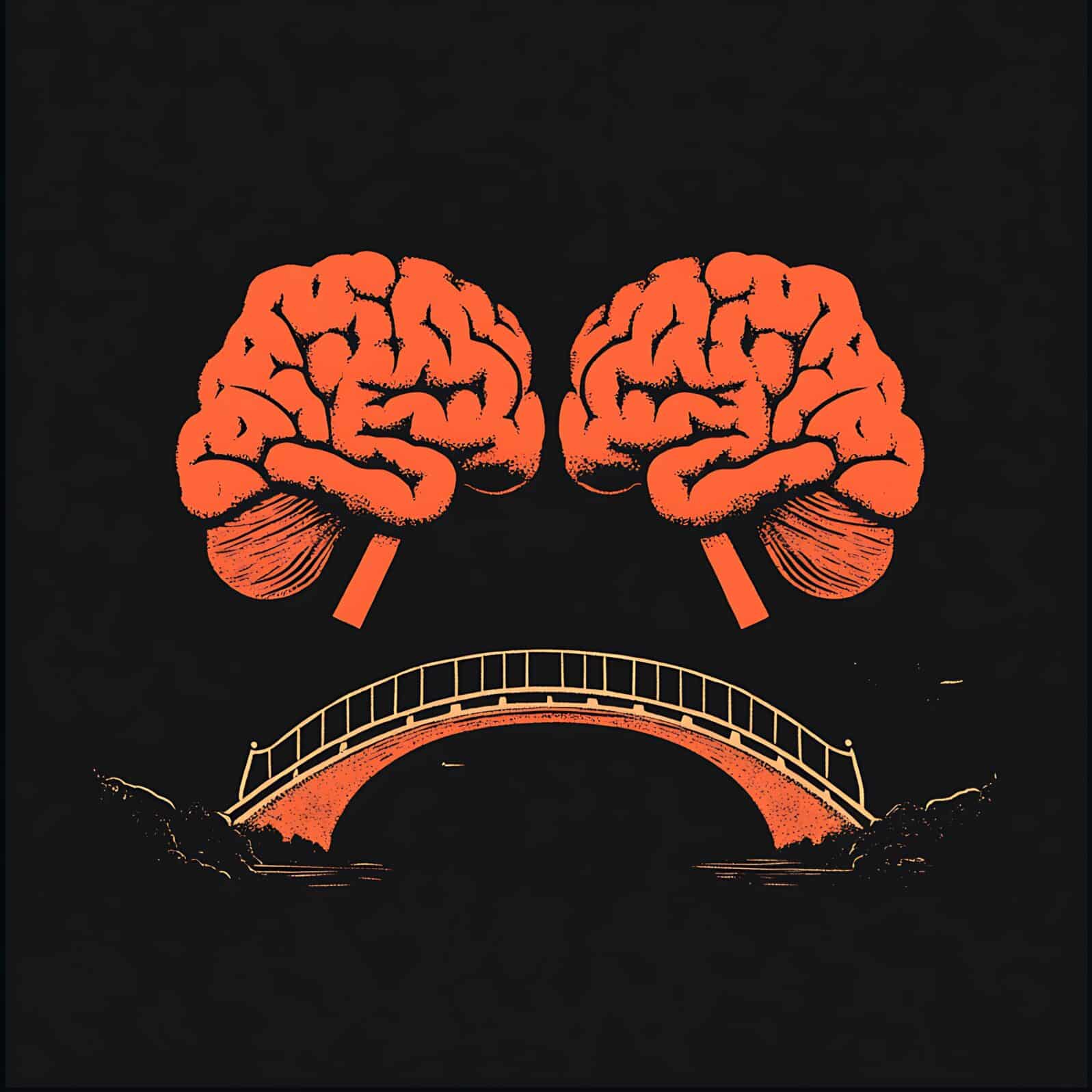 Two Brains Connected By A Bridge Over Darkness In An Artistic Graphic Illustration