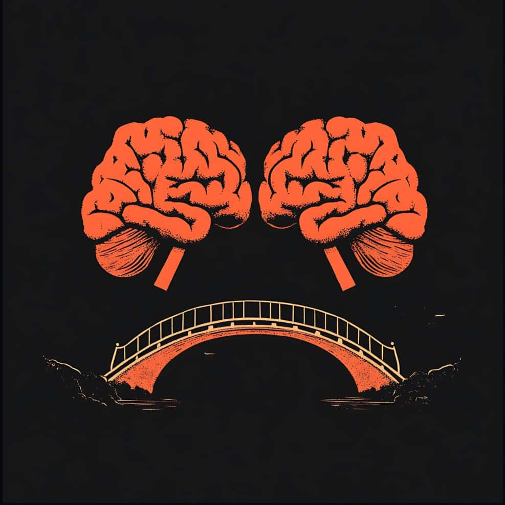Two Brains Connected By A Bridge Over Darkness In An Artistic Graphic Illustration