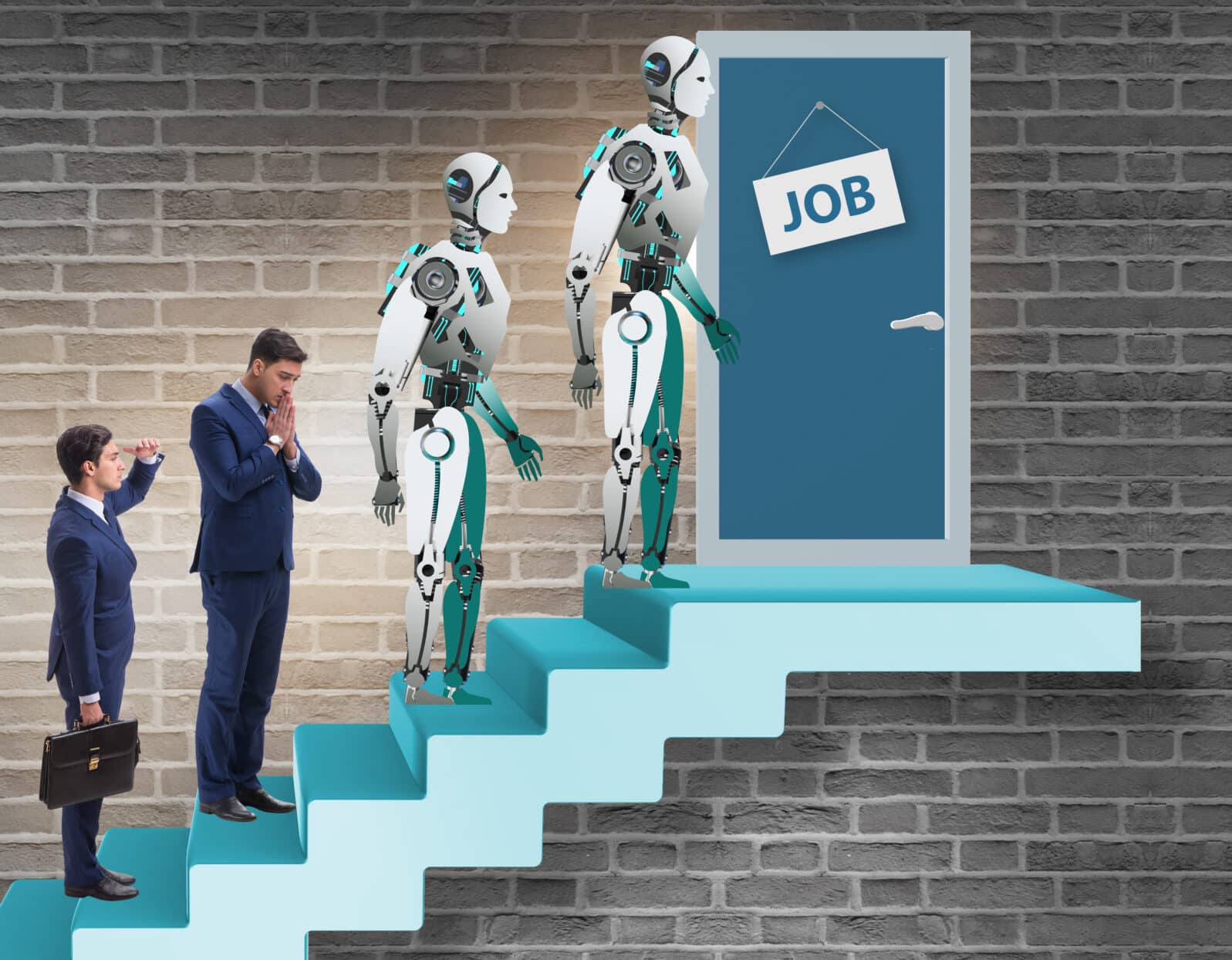 Woman man and robot competing for jobs