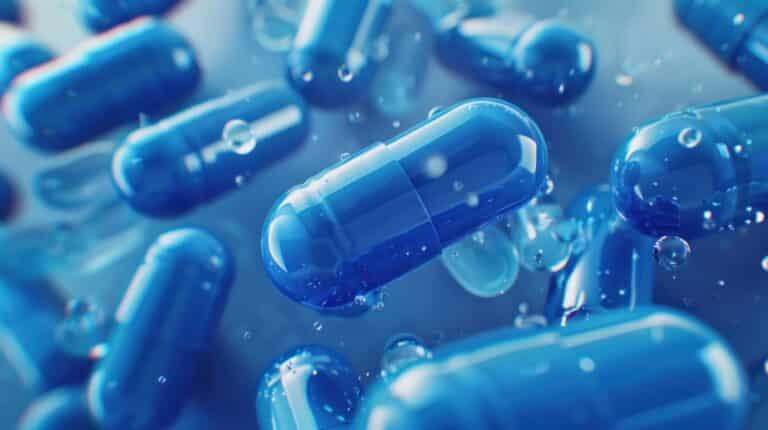 A close-up view of a bunch of blue pills, showcasing a background medicine concept.
