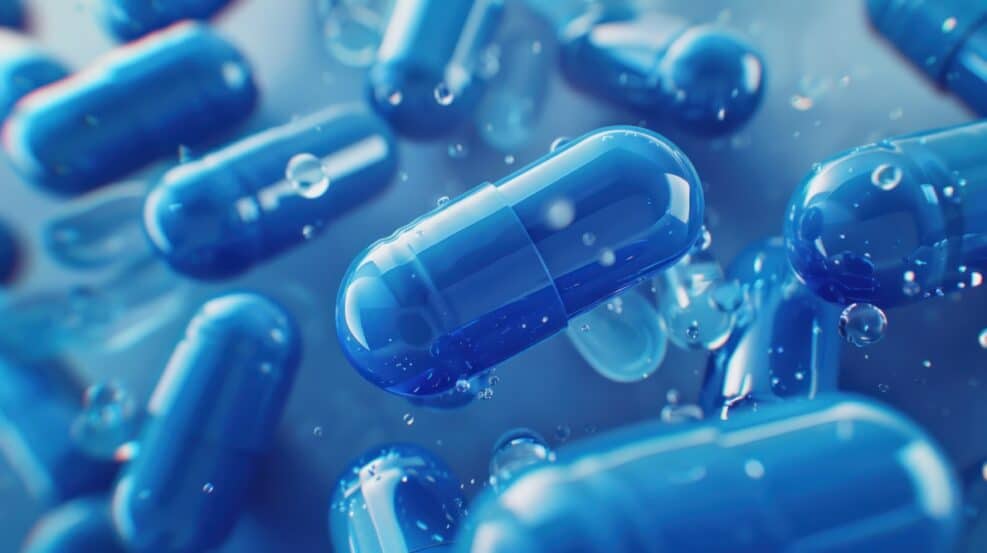 A close-up view of a bunch of blue pills, showcasing a background medicine concept.