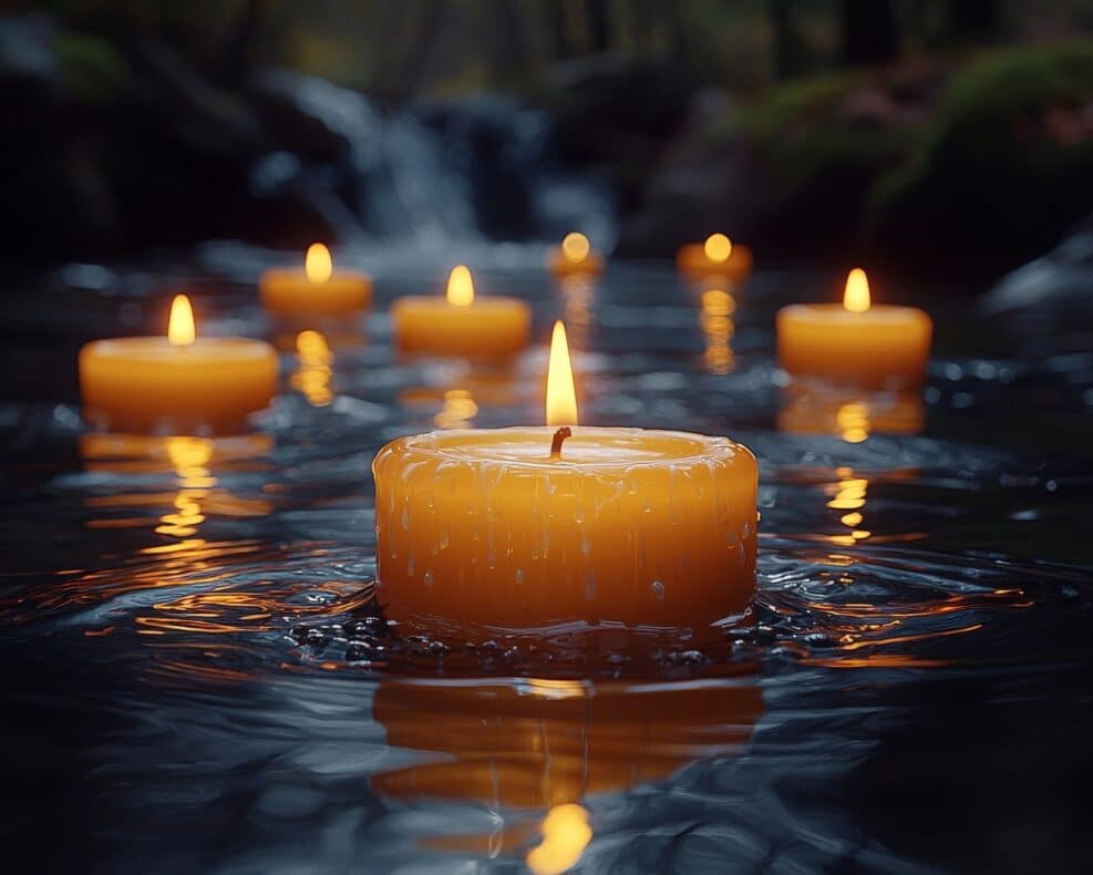 A cluster of tiny tea candles gently floating on a dark river illuminating the water with soft golden light