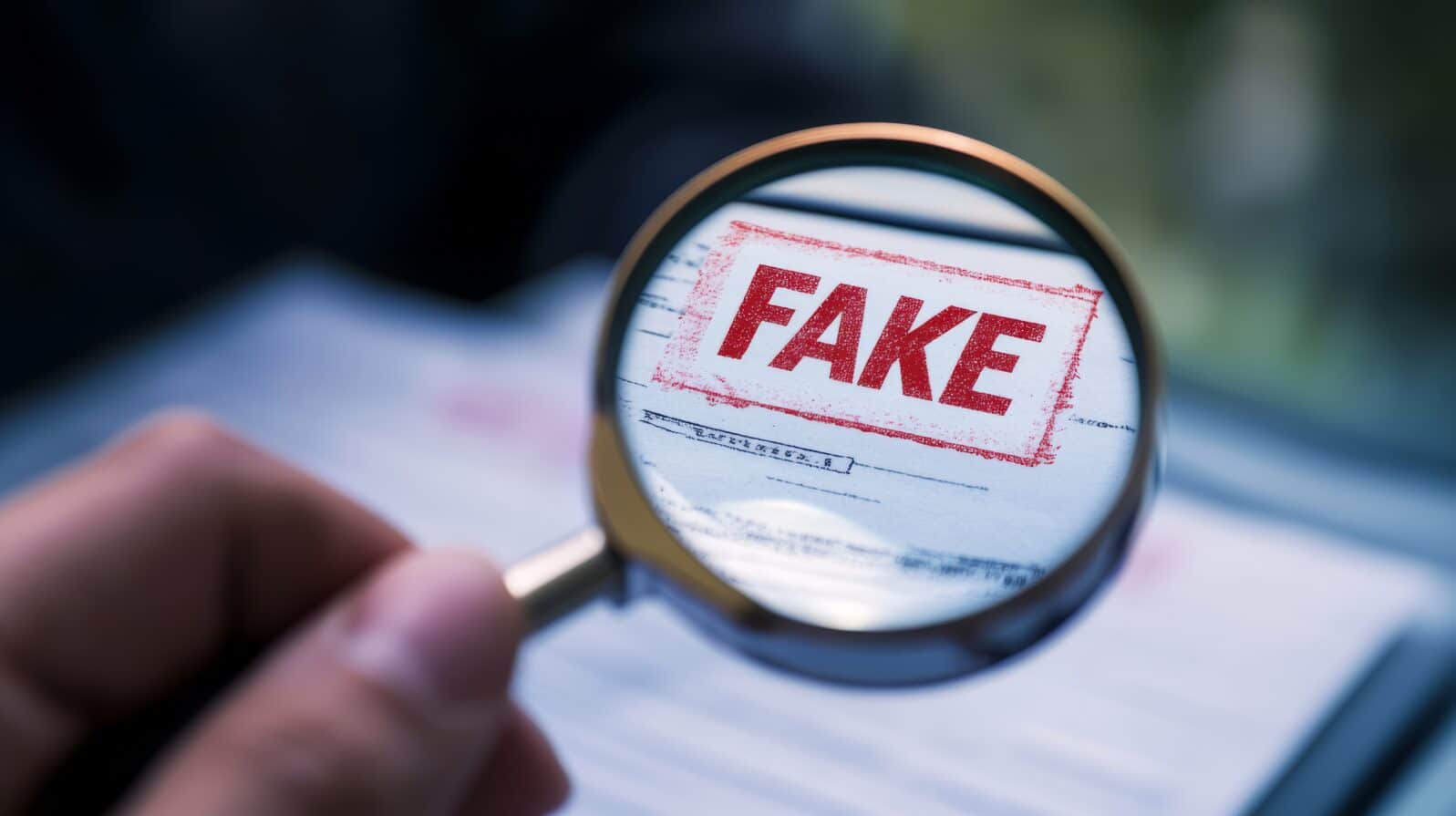 A magnifying glass reveals FAKE on an important document, symbolizing the critical investigation required for effective fraud detection and authenticity verification in different situations