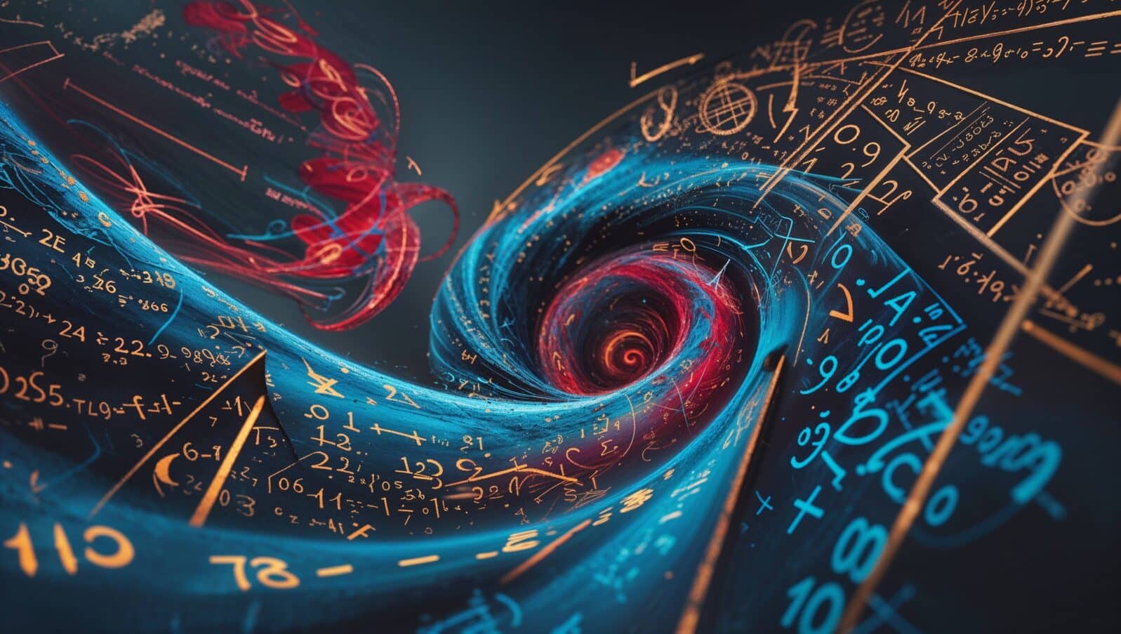 A mesmerizing illustration of mathematics featuring a vibrant swirling vortex of numbers symbols and geometric shapes in shades of electric blue crimson and gold set against a rich dark gray backgroun