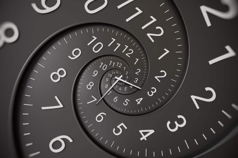 Abstract modern black spiral clock dial with arabic numerals. Concept of Infinite time, deadline, scheduling, time and space, past, present and future.