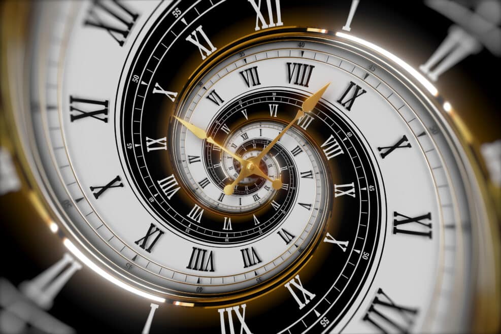 Abstract modern white spiral clock dial with roman and arabic numerals. Concept of Infinite time, deadline, scheduling, time and space, past, present and future.