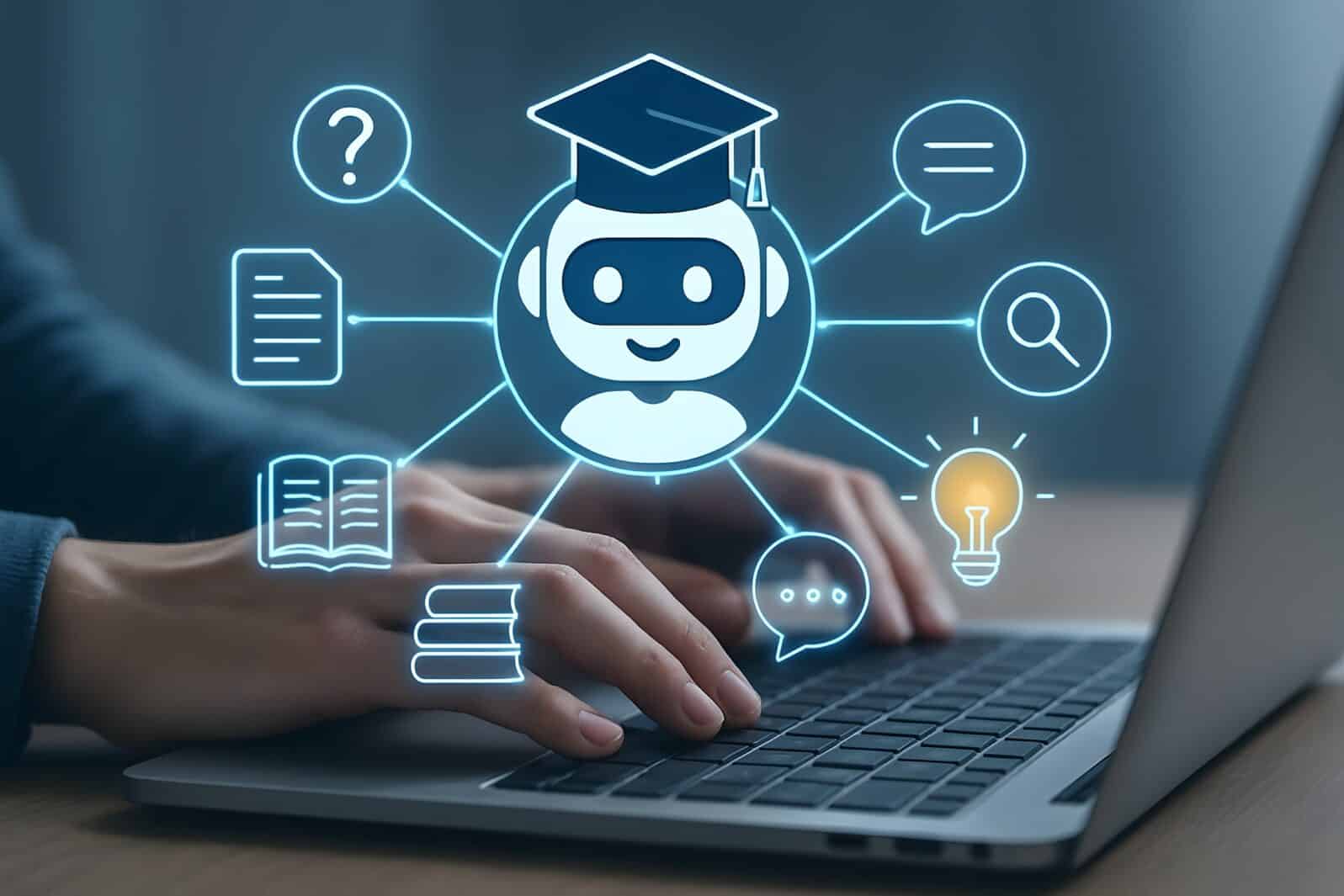 Ai chatbot with educational icons connected to a person using a laptop