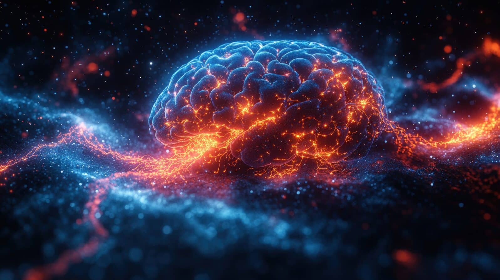 Brain in the center of a colorful nebula with swirling cosmic clouds and bright star formations