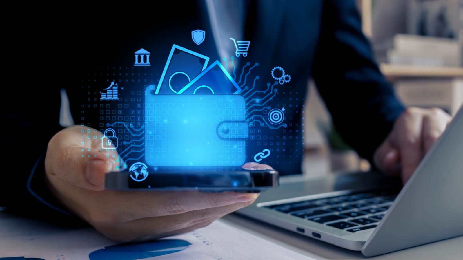 Businessman Hand Using Mobile Phone to Connect Digital Wallet. Mobile banking, online finance, e-commerce, Smart, E-wallet, Financial and Economy.